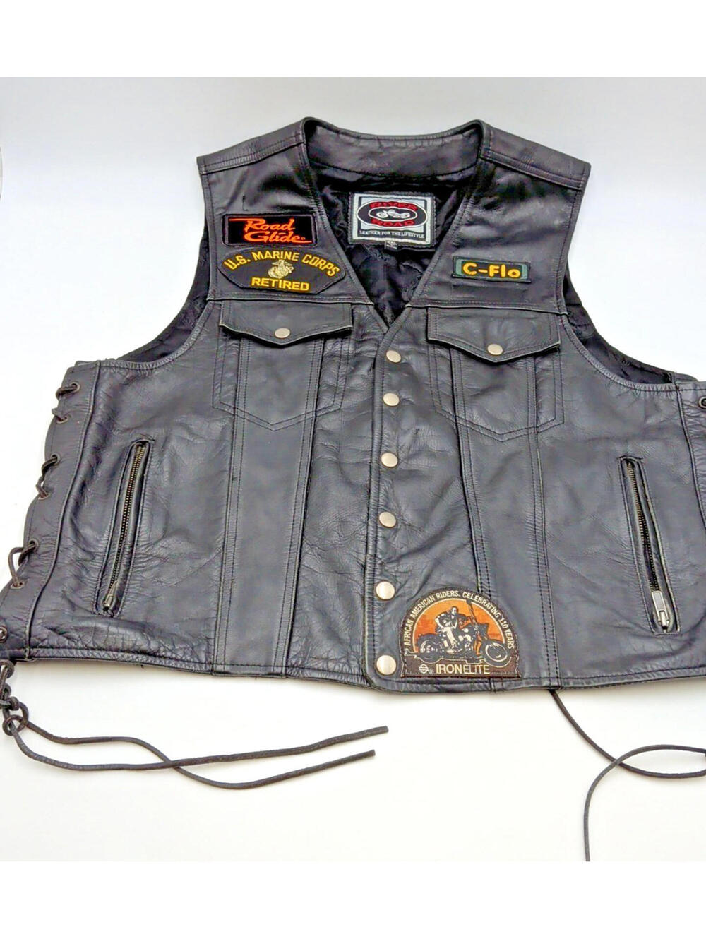 VTG River Road Black Leather Biker Vest Lace-Up USMC/African AM Patch-2XL-READ